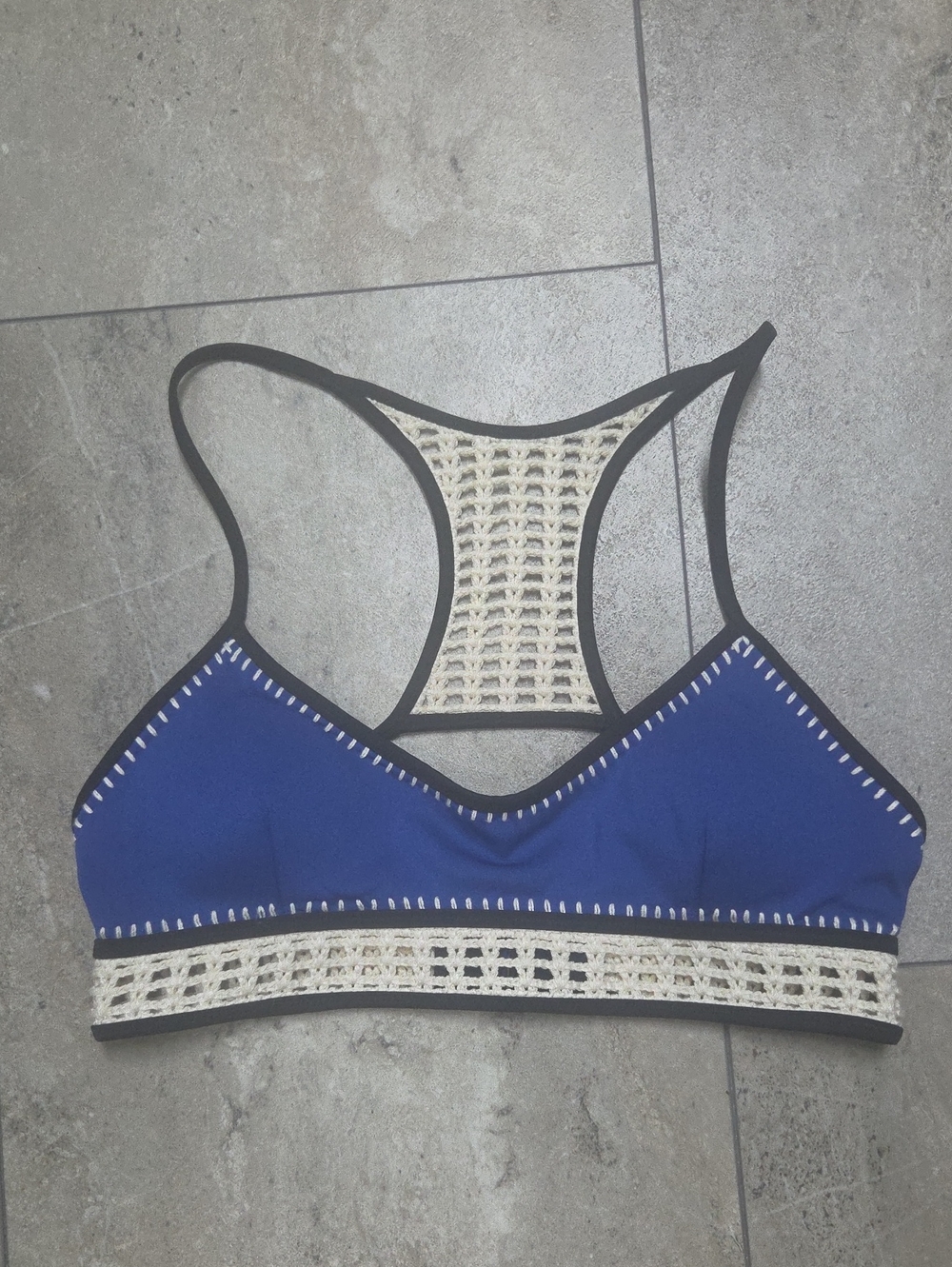 - Blue Crochet-Back Swim Bikini Top with Cream Details